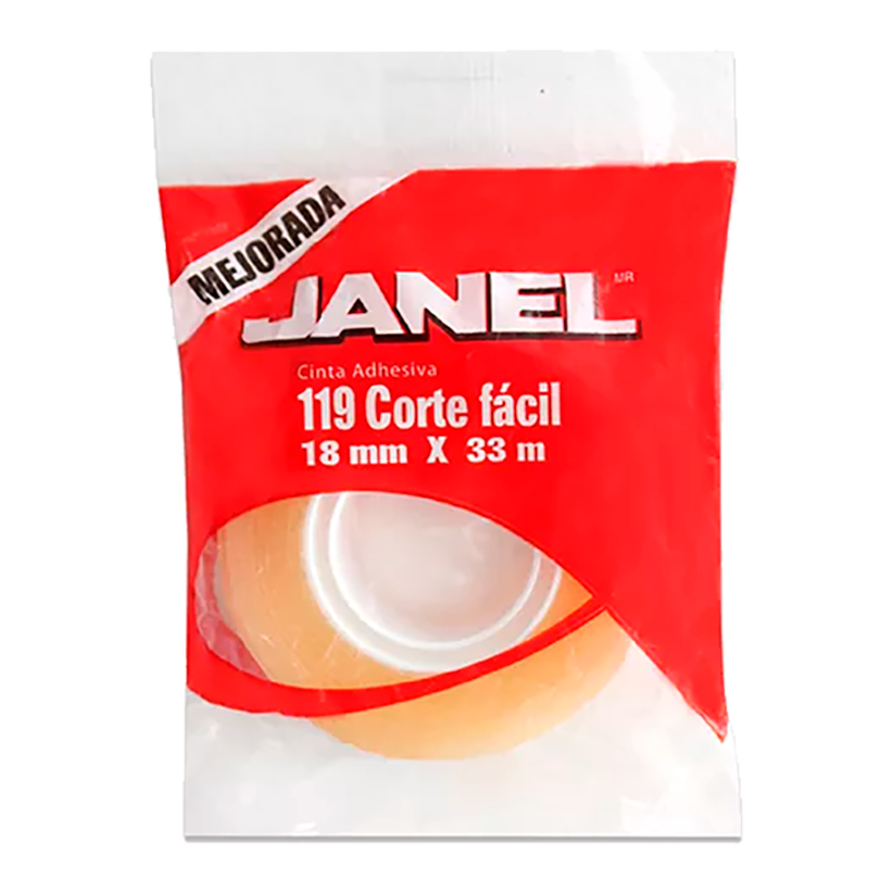 Janel – Cinta Adhesiva Transparente 18 mm × 33 m (Corte Fácil, 1 pza) 