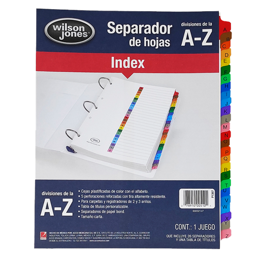 [P1367] Wilson Jones  Separador de Hojas Alfabético A-Z Tam. Carta [P1367]