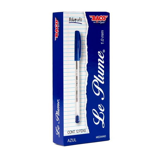 [BAC-BOL-PLUMA12] Bolígrafo Baco Le Plume 1 mm Azul • Caja 12 pzs –[BAC-BOL-PLUMA12]
