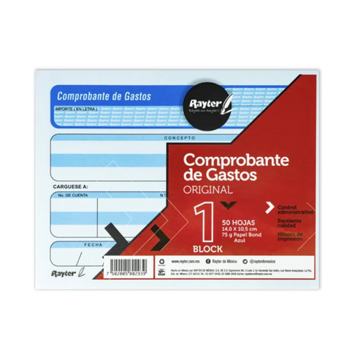 [RAY-POL-08COGA] Rayter Comprobante Gasto 1/4 Carta Color Azul Pack/ 50 [RAY-POL-08COGA]