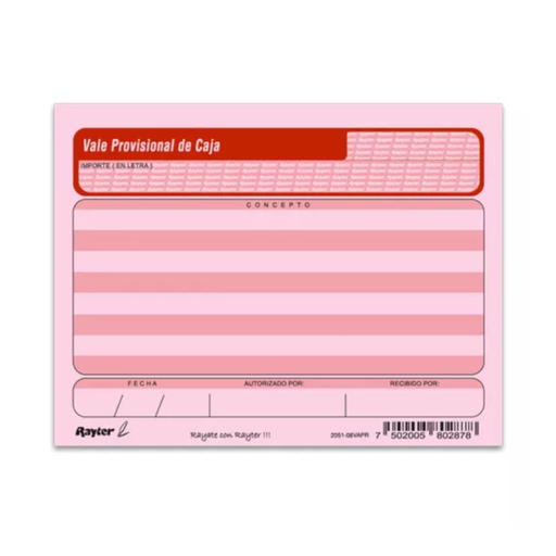 [RAY-POL-08VAPR] Rayter Vale Provisional Tamaño Carta Color Rosa – Bloc De 50H [RAY-POL-08VAPR]