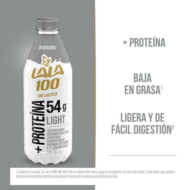Leche Parcialmente Deslactosada Lala 100 Prot+Low Carb 12 pzas de 1 l c/u