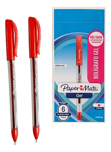 Bolígrafo Gel Papermate Eco Barril Redondo Punto Fino Color Rojo C/6 Pzas