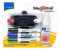 Kit Magistral Didáctico 4 marcadores, borrador, limpiador, holder y ventosa