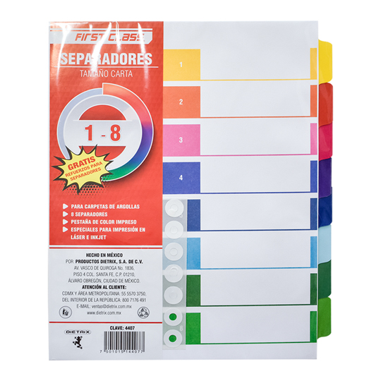 Separadores Dietrix tamaño carta del 1 al 8 pestañas de color