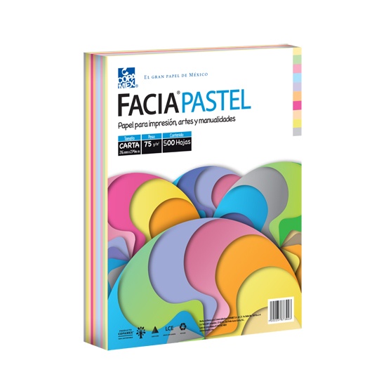 Paquete de hojas de color Facia Pastel tamaño carta mix 10 colores 75gr 500 hs