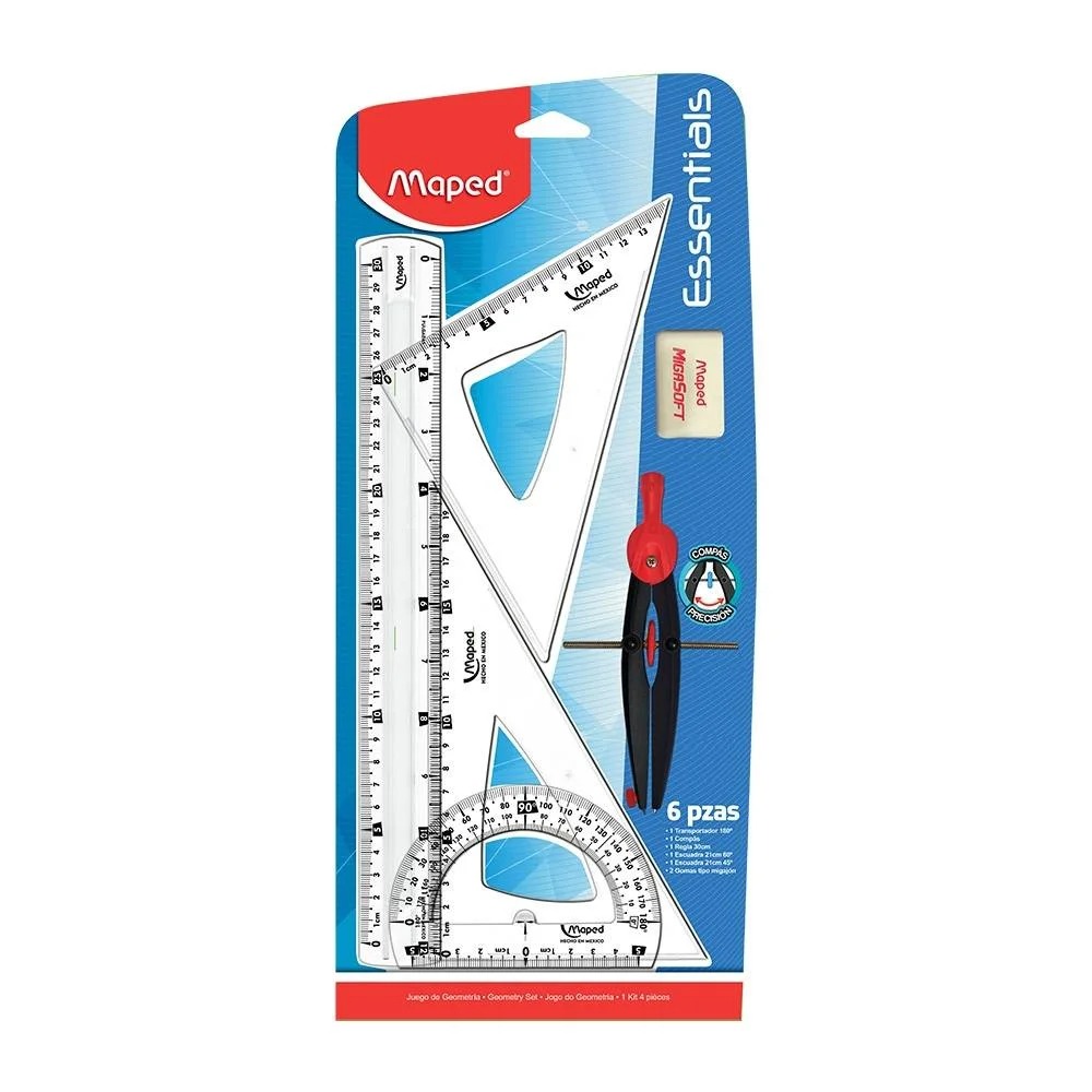 Juego Geométrico Escolar MAPED 6 Piezas Reglas Escuadras Compás Blister Individual