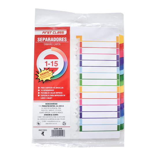 Separadores Dietrix Tamaño Carta del 1 al 15 Pestañas de Color
