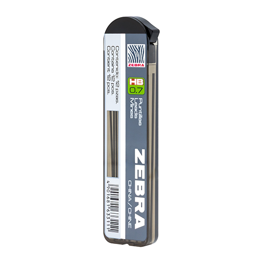 Puntillas de grafito HB Zebra punto 0.7 mm , tubo con 12 Puntillas