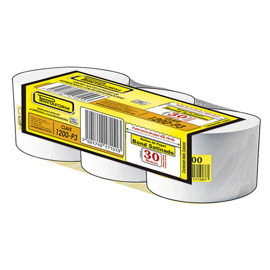 Rollo de papel Bond Printaform 45 mm x 30 m paquete de 3 rollos.