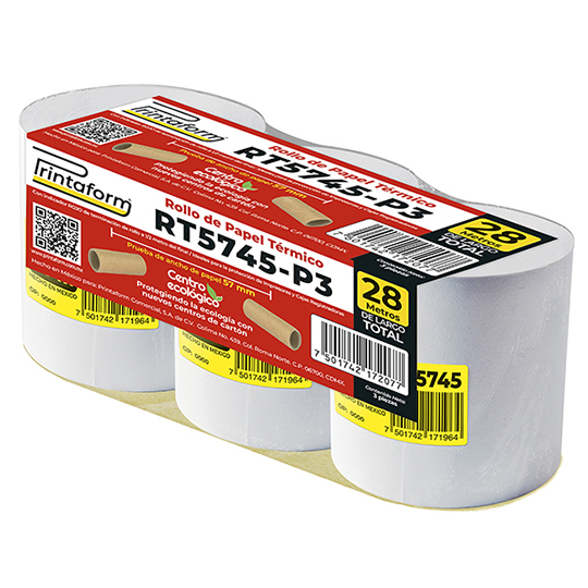 Rollo de papel térmico Printaform 57 mm x 28 m paquete de 3 rollos.