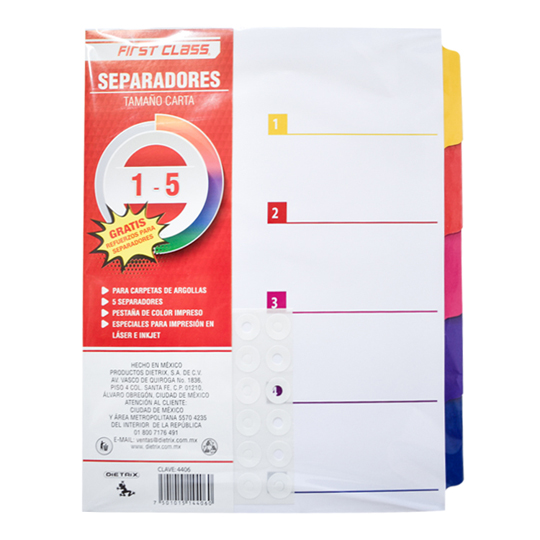 Separadores Dietrix Tamaño Carta del 1 al 5 Pestañas de Color