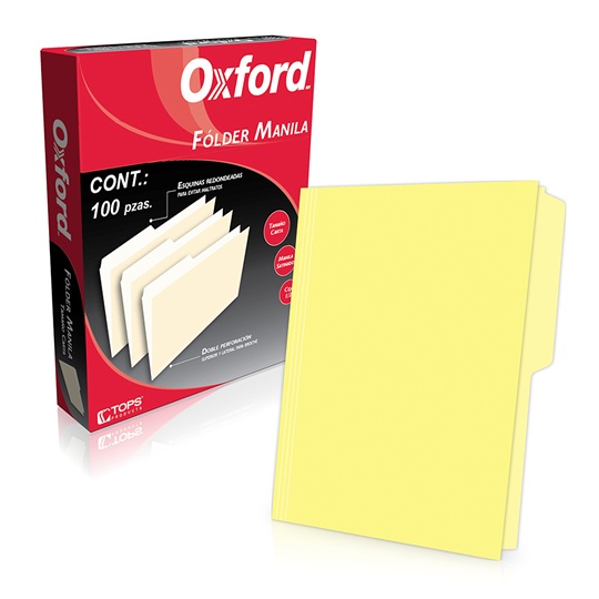 Folder manila Oxford carta color amarillo ceja 1/2 caja con 100 pzas