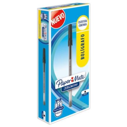 Bolígrafo Papermate Kilométrico Económico Punto Fino 0.7mm Color Negro Caja Con 12 Piezas