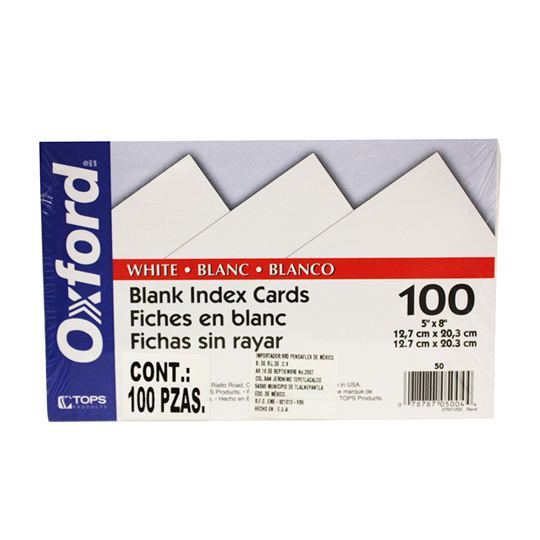 Tarjeta índice Oxford color blanco 5" x 8" paquete con 100 pzas