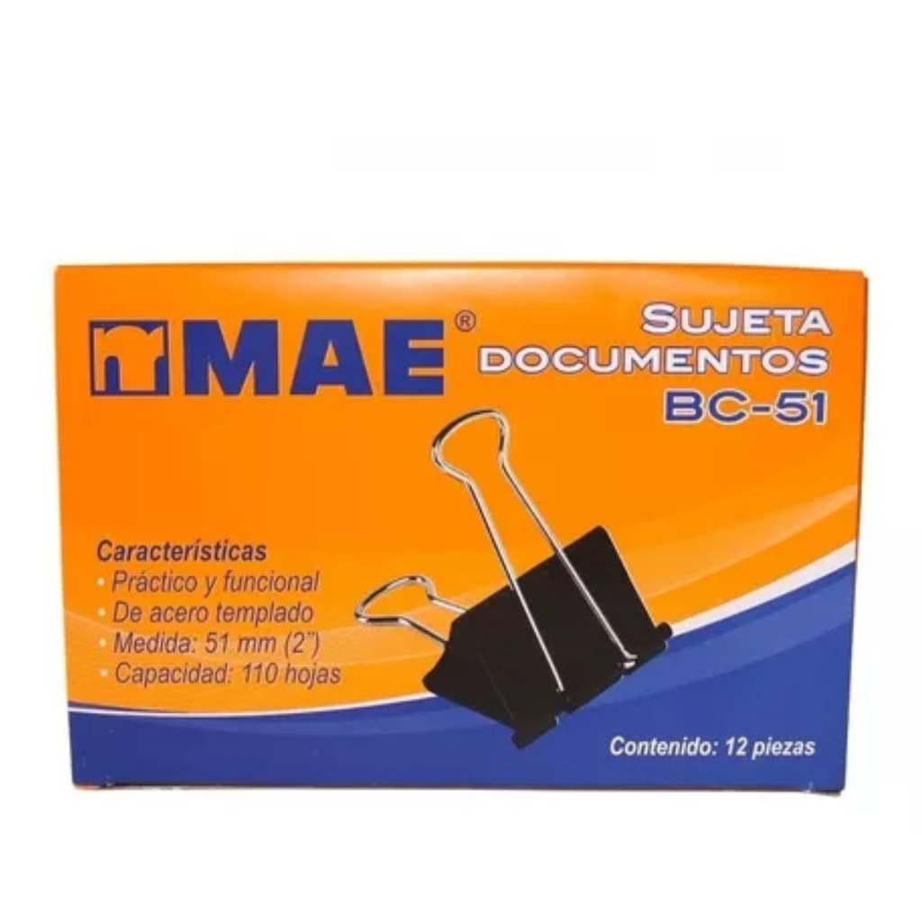 Mae Sujeta Documentos 2" 51mm Acero Capacidad De 110 Hojas Caja 12Pzs. [MAE-SUJ-BC51]