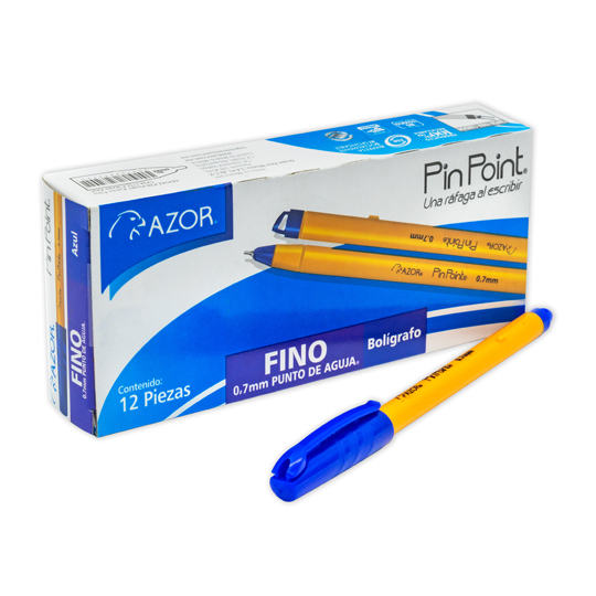 Bolígrafo fino Pin Point 0.7 mm color azul cuerpo amarillo caja con 12 pzas