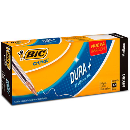 Bolígrafo Bic Cristal Dura+ Punto Mediano 1.0mm Color Negro C/12 PZAS