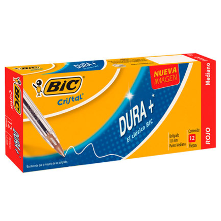 Bolígrafo BIC Cristal Dura+ Punto Mediano 1.0mm Color Rojo C/12 Pzas