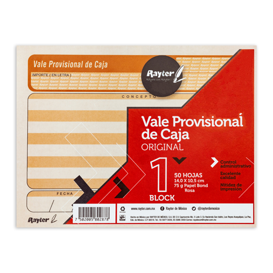 Vale provisional Rayter, tamaño carta, color rosa, block 5o hojas