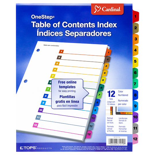 Separador numérico con índice Cardinal carta 1-12 divisiones impresas