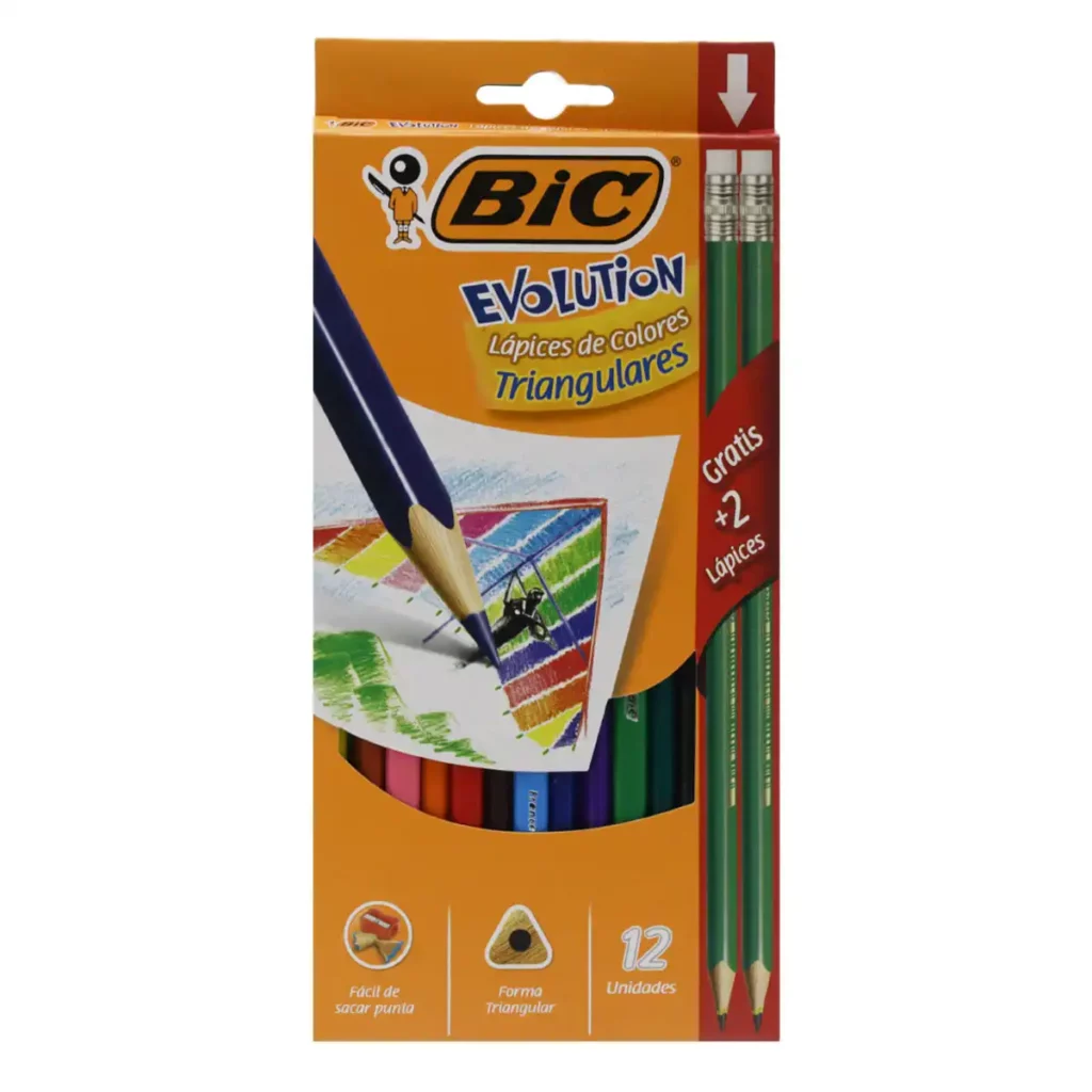 COLORES BIC EVOLUTION TRIANGULAR 12 COL. + 2 LAPIZ CAJA C/ 3 PZ.