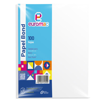 Papel Bond Euromac 8.5X11" Carta Blanco Paquete C/100 Hojas