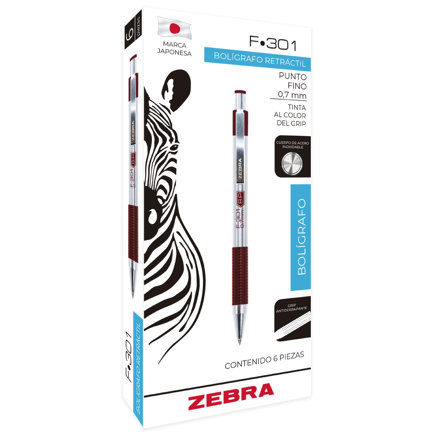 Boligrafo Zebra F-301 grip punto fino tinta verde cuerpo de acero caja c/6