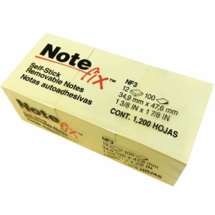 Notas Adhesivas 3M Note Fix 3.8X5.1 Color Amarillo 100 Hojas C/12