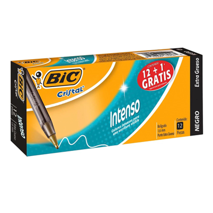 Bolígrafo Bic Cristal Intenso Punto Extra Grueso 1.6mm Color Negro C/12 PZAS