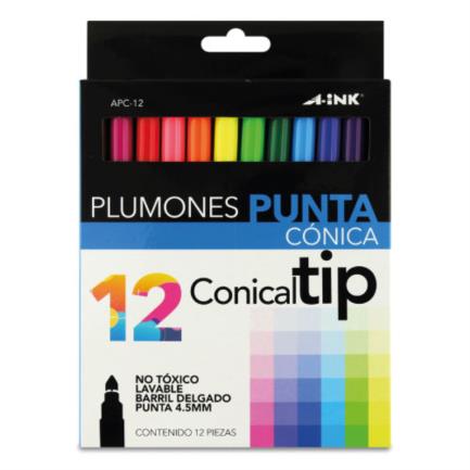 Plumones Aink APC-12 Punta Cónica Colores Surtidos C/12 Pzas