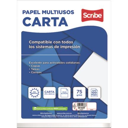 Caja Papel Scribe Bond Multipropósito 5904 Carta Color Blanco 75gr con 24 Paquetes de 100 Hojas