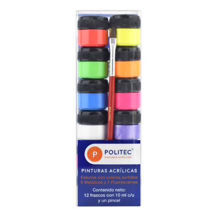 Estuche Pintura Acrilica Politec C/12 Fluorescente y Metalicos 10 ml Pincel
