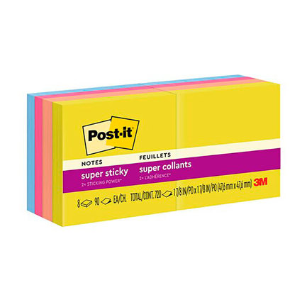 Notas Adhesivas 3M Post-It Super Sticky 2x2 Pulg (5X5 Cms) Block c/90h Paq c/8 Blocks