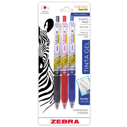 Boligrafo Zebra Sarasa Mark On Punto Fino 0.5mm Negro Azul Rojo BL/3pzs
