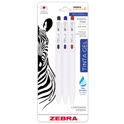 Boligrafo Zebra Sarasa R Punto Fino 0.5mm Negro Azul Rojo BL/3pzs