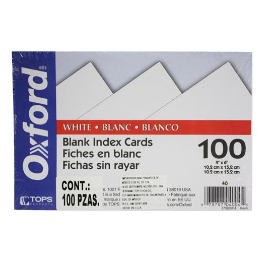 Tarjeta Índice Oxford Color Blanco 4" X 6" Paquete con 100 PZAS