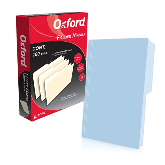 Folder Manila Oxford Oficio Color Azul Ceja 1/2 Caja con 100 PZAS