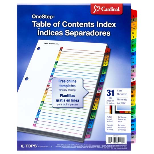 Separador Numérico con Índice Cardinal Carta 1-31 Divisiones Impresas