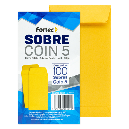 Sobre coin No. 5 Kraft engomado Fortec caja con 100 piezas