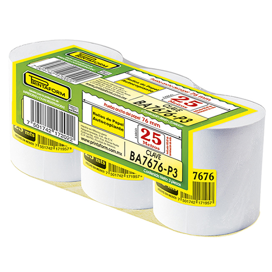 Rollo de papel autocopiante Printaform 76 mm x 25 m 1 auditoria paquete de 3 rol