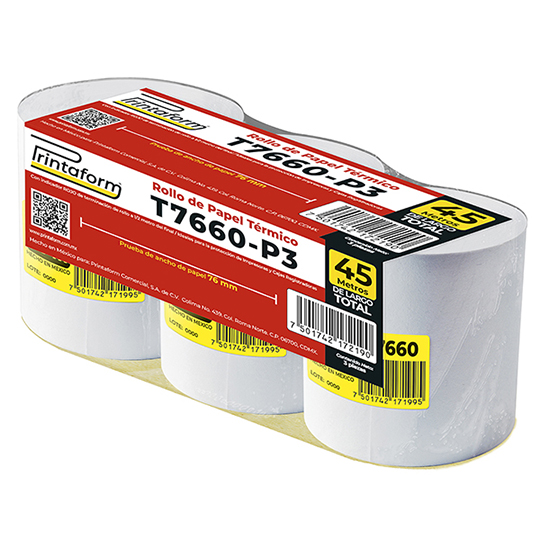 Rollo de papel térmico Printaform 76 mm x 45 m paquete de 3 rollos.