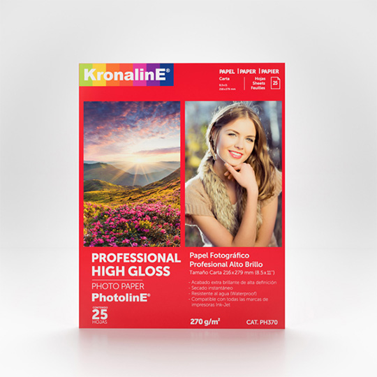 Papel fotografico Kronaline high glossy tamaño carta paquete con 25 hojas