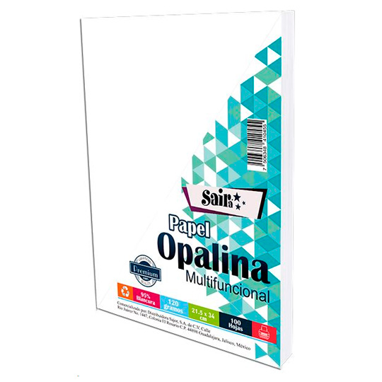 Paquete de papel opalina blancura 95% 120gr, Saira tamaño oficio paquete 100 hs