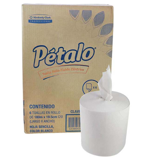 Toalla en rollo blanca Petalo de 180 m,caja c/6 bobinas, fluido centrico