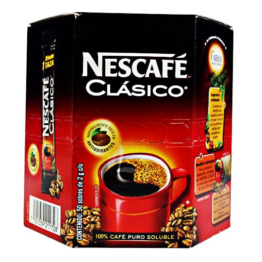 Cafe soluble Nescafe clasico en stick de 2 gramos caja con 50 sobres. 100% puro.