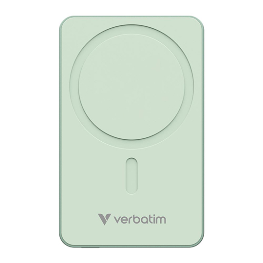 Power Bank Verbatim 10000 mAh verde con carga inalámbrica magnética y USB-C PD.