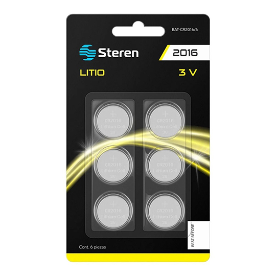 Pilas de litio tipo botón CR2016 STEREN 6 pzas