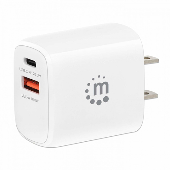 Cargador de Pared Manhattan 20W USB A 3.0, USB C, Blanco