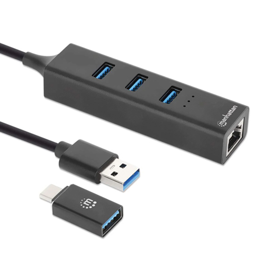 Hub Manhattan USB Macho 3x Puertos USB Hembra 1x RJ-45 Negro